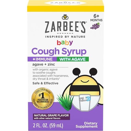 Zarbee's Baby Agave Cough Syrup + Immune for Babies 6+ Months, Safe & Effective with Cough Soothing✝ Organic Agave & Zinc for Immune Support*, Natural Grape Flavor, 2Fl Oz