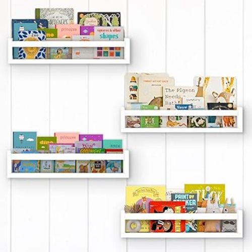 Floating Nursery Book Shelves Set of 4, Wall-Mounted Adjustable Wooden Storage for Kids’ Rooms, Bedrooms, Books, Toys, and Essentials (16.5 x 4 x 3.5 Inches)