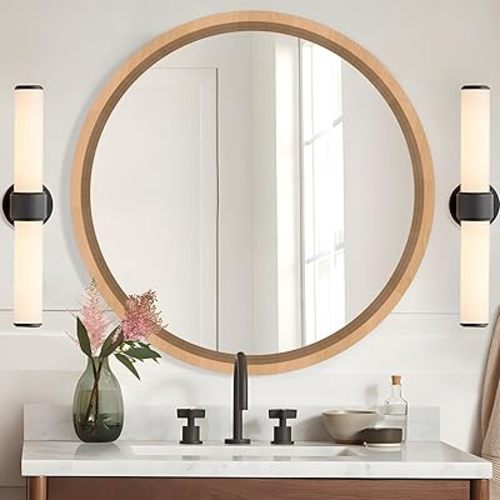 32" Wood Round Mirror, Circle Wall Mirror Decoration Large Bathroom Vanity Mirror for Bathroom Living Room Bedroom Entryway (Natural Beech Wood)