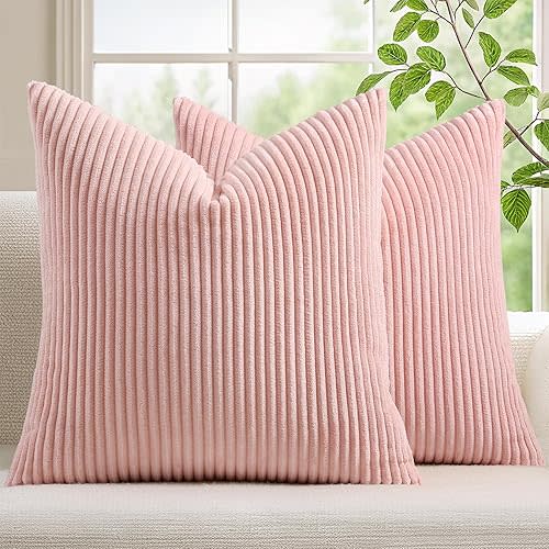 Mecatny Corduroy Decorative Throw Pillow Covers 18x18 Set of 2 for Sofa Bedroom Living Room, Stylish Soft Couch Pillow Covers for Home Decor, Pink