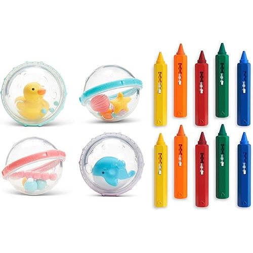 Munchkin® Draw™ Bath Crayons Toddler Bath Toy, 10 Pack & ® Float & Play Bubbles™ Baby and Toddler Bath Toy, 4 Count