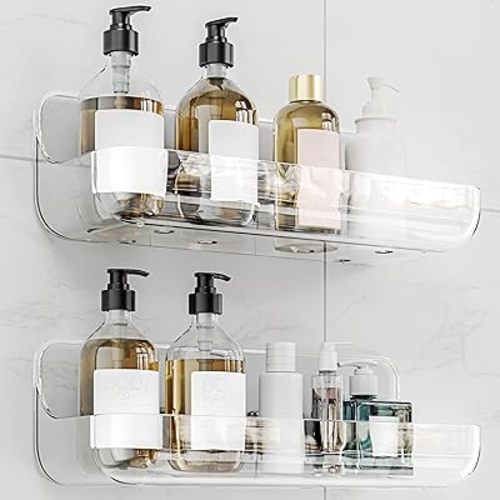 Adhesive Shower Caddy, 2 Pack Acrylic Bathroom Shelves, No Drill Wall Mount Organizer Storage Shelf