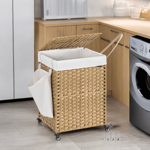 LEDREM 31.7-Gallon Rolling Laundry Hamper with Wheels & Removable Liner, Foldable Rattan Design, for Bedroom/Home, Natural Color