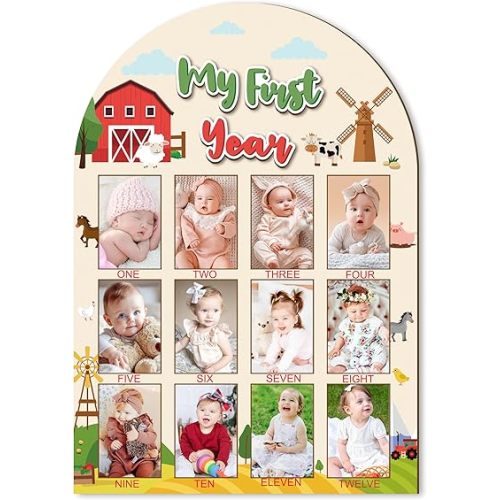 R HORSE My First Year Photo Display Wood Board - Baby’s First Year Picture Frame, 12 Months Milestone Board, 3D Farm Themed Neutral Baby Keepsake Gift One Year Old Birthday Nursery Decor for Girl Boy