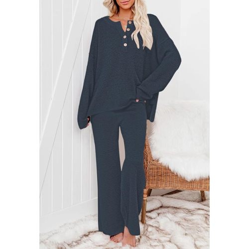 Pink Queen Women's 2 Piece Outfit Set Long Sleeve Button Pullover Sweater Top and Wide Leg Pants Knit Sweatsuit