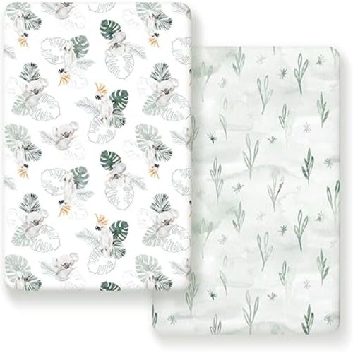 GRSSDER Stretch Ultra Soft Jersey Knit Fitted Pack n Play Playard Sheets Set 2 Pack,Fits Portable/Mini Cribs Sheets, Playards Mattress Pads, Stylish Watercolor Animals for Baby, Mint Green