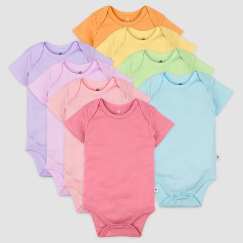 Honest Baby Girls' 8pk Rainbow Organic Cotton Short Sleeve Bodysuit - Pink/violet/yellow 3-6m