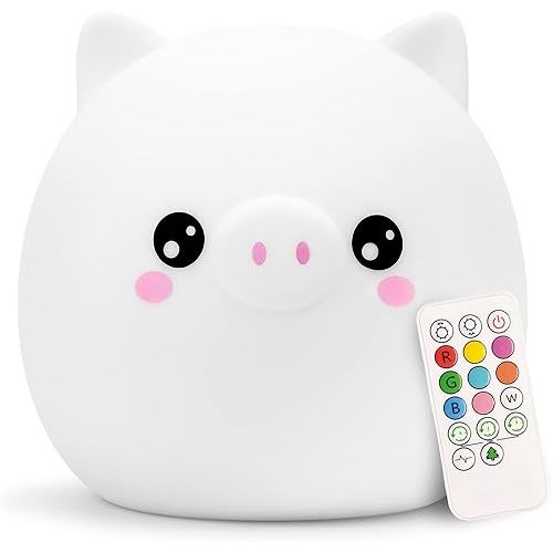 Lumipets Kawaii Pig Night Light, Silicone Rubber Material, Multicolor, USB Rechargeable, Remote Control, 12 Hour Battery Life, 60 Minute Auto-Shutoff Timer, Great For Kids Bedrooms