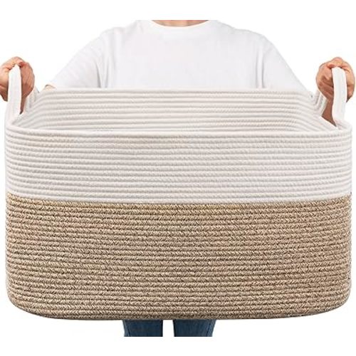 Goodpick Large Blanket Basket, Woven Basket for Storage Rectangle Dirty Clothes Basket for Laundry, Living Room, Nursery, Bedroom Rope Storage Basket for Blankets, Toys, 21.6" x 14.9" x 11.8"