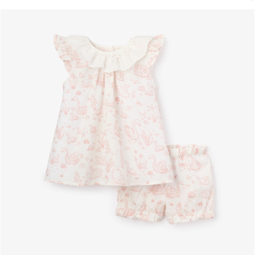 Swan Toile Swiss Dot Dress + Bloomer – Elegant Baby