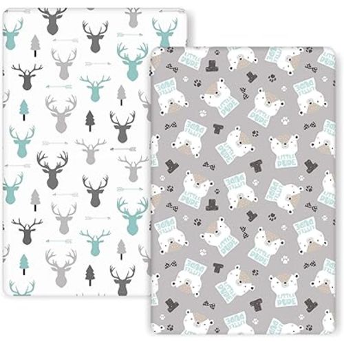 GRSSDER Stretchy Ultra Soft Jersey Knit Fitted Pack n Play Sheets 2 Pack, Playard Sheets for Baby Girls and Boys, Universal Fit for Pack N Plays Safe and Snug, Cute Bear and Deer