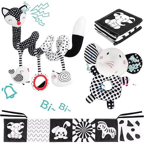 3 Pcs Car Seat Toys for Babies 0-6 Months,Black and White Baby Hanging Rattle Toys for Crib Mobile,High Contrast Baby Toys for Newborn Toys,Infant Sensory Toy Best Gift for 0-6 6-12months