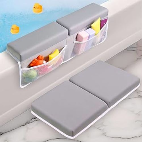 Comfortable Baby Bath Kneeler and Elbow Rest Pad Set - Memory Foam Baby Bath Pad with Bath Toys Organizer Pockets - Painless Bath Kneeling Pad for Bathing Baby - Quick Drying, Foldable, Non-Slip