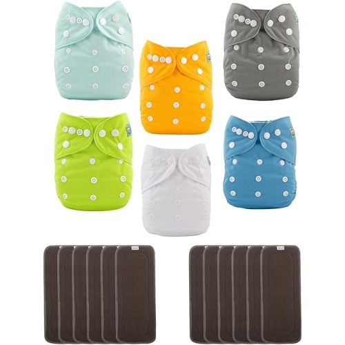 ALVABABY 6 Pack Baby Cloth Diapers with 12 pcs 5-Layer Charcoal Inserts/Adjustable Washable Reusable 6BM98-ZTN
