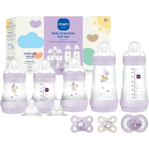 MAM Newborn Essentials Must Have for 0-3 Months, Matte Feeding Set, Easy Start Anti-Colic Bottles 5oz, Self-Sterilizing, Baby Gift, Pacifiers, Skinsoft Silicone Nipples, 10 Pieces for Girl