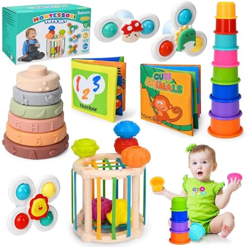 Balnore 6 in 1 Baby Toys 6 to 36 Months, 26pcs Montessori Toy, Identification Cloth Book, Infant Gifts Play Set Kids Sensory Learning Activity Infant Bath Time Fun for 1-4 Year Old Birthday Box - 6in1-26pcs
