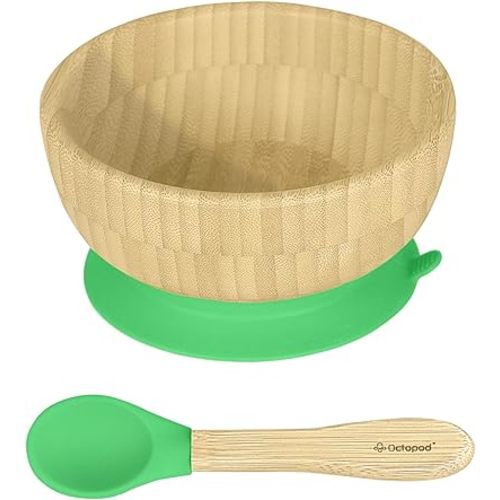Abiie Octopod Bamboo Dish - Fun Kids 3-Compartment Baby Plates with Suction for 4 months and up, High-Chair Plate, Mess-Free Toddler Plates, Ergonomic Feeding Supplies-Green, Green Bowl Set