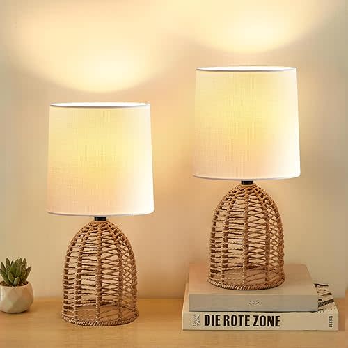 Rattan Lamp Boho Lamps Set of 2-13.75" Mini Farmhouse Table Lamp Rustic End Table Decorative Small Lamps for Small Spaces Bedroom Nightstand Living Room Reading Desk Side Table Lamp
