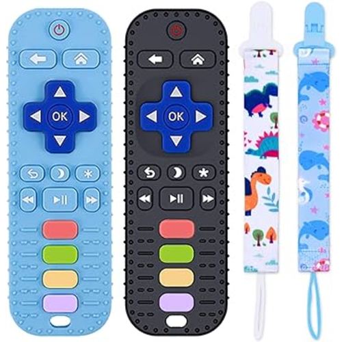 2 Pack Silicone Baby Teething Toys,Pacifiers for Toddlers Infant,Remote Control Shape Baby Teething Toys for Babies 6-12&12-18&18-24 Months,Remote Teether for Baby Chew Toys,Black+Blue