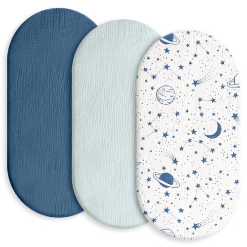 Gllquen Baby Muslin Cotton Bassinet Sheets 3-Pack for Newborn Infant Baby Girls Boys Oval Pad Sheets 33"X17", Planet