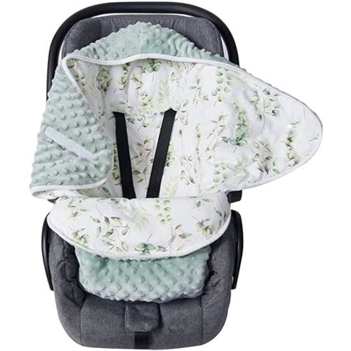 Miracle Baby Car Seat Covers, 100% Cotton Winter Minky Baby Swaddle Blanket for Boys Girls Newborn Baby Swaddle Wrap Soft Thick Baby Swaddling Blanket for Baby Seat 0-6 Months (Green Leaves)