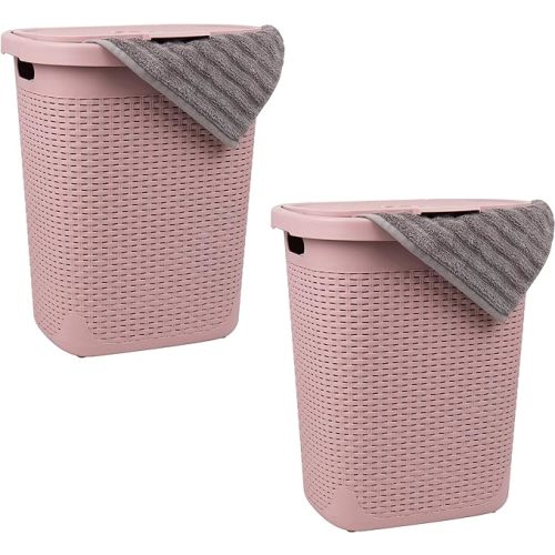 Slim Laundry Hamper, Set of 2, Clothes Basket, Lid, Wicker Design, Plastic, 17.65"L x 13.75"W x 21"H, Pink - 2-Pack
