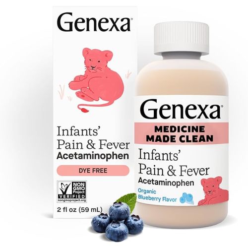Genexa Infants’ Clean Pain & Fever Acetaminophen, Dye Free, 0% Artificial Additives, Delicious Organic Blueberry Flavor, Liquid Oral Suspension Medicine for Baby, 160 mg per 5mL, 2 fl oz