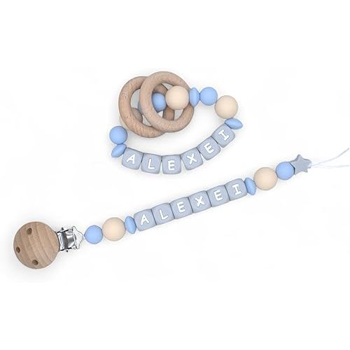 Personalized Baby Pacifier Clips, Rattle Rings & Keychains – Blue Styles | Stylish Baby Accessories, 3rd Party Tested for Safety