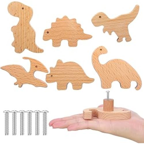 Qunclay Wooden Animal Cabinet Knobs Decorative Wood Dresser Knobs with Screws Dresser Pulls Wood Marine Woodland Animals Knobs Furniture Knobs Nursery Drawer Handles for Decor (Dinosaur,6 Sets)