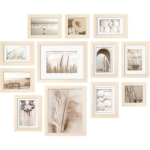 Egofine Picture Frame Set 12 Pack, Picture Frames Collage Wall Decor with Two 8x10, Four 5x7, Four 4x6, Two 4x4 for Wall and Tabletop, Made of Solid Wood, Covered by Plexiglass, Natural Wood