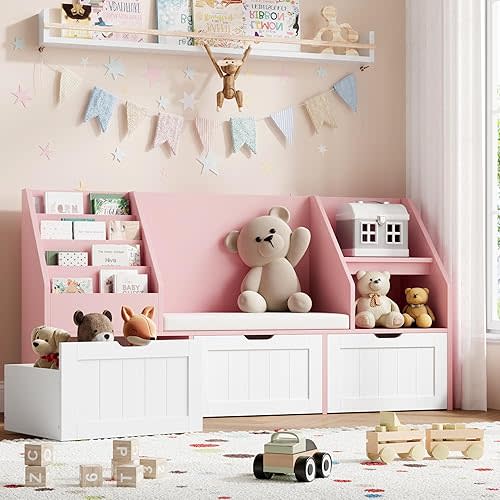 FOTOSOK 55.1’’ Kids Bookshelf with Reading Nook, Toy Storage Organizer with Seat Cushion and 3 Movable Drawers, Kids Reading Nook Toy Organizers and Storage with Bench for Playroom, Bedroom, Pink