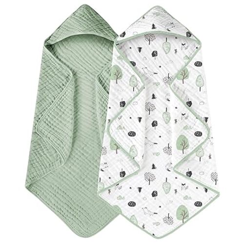 Yoofoss Hooded Baby Towels for Newborn 2 Pack 100% Muslin Cotton Baby Bath Towel with Hood for Babies, Infant, Toddler and Kids, Large 32x32Inch, Soft and Absorbent Newborn Essential
