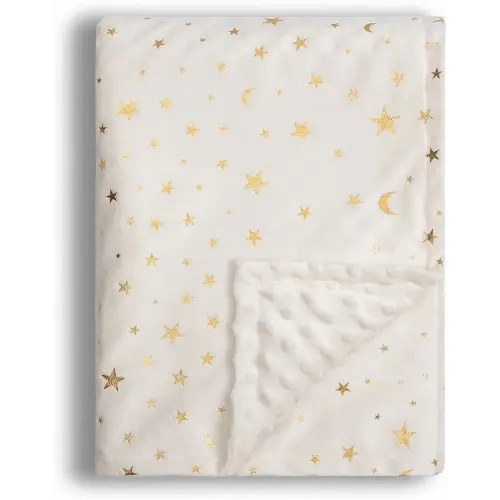 Baby Blanket for Boys Girls Soft Minky with Double Layer Dotted Backing, Star and Moon Printed 30 x 40 Inch Receiving Blanket (Beige)