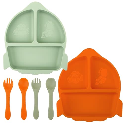Qshare 6 Pcs Suction Plates for Baby,Toddler Divided Plates with Fork and Spoon,100% Food Grade Silicone Baby Plates,Non-Slip,Baby Led Weaning Supplies,Microwave & Dishwasher Safe (Orange + Green)