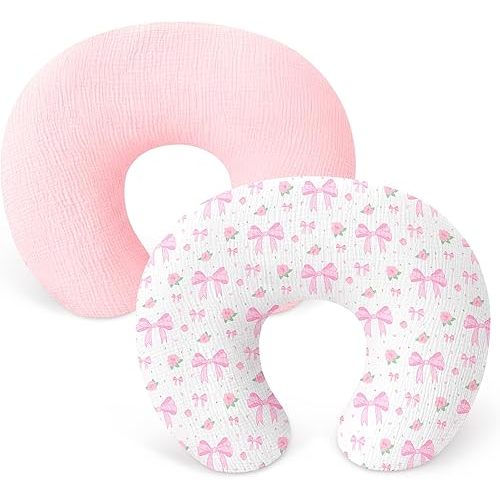 Nursing Pillow Covers 2 Pack, 100% Cotton Soft & Breathable Nursing Cover for Breastfeeding, Pillow Slipcover for Baby Girls Boys, Pink Bow