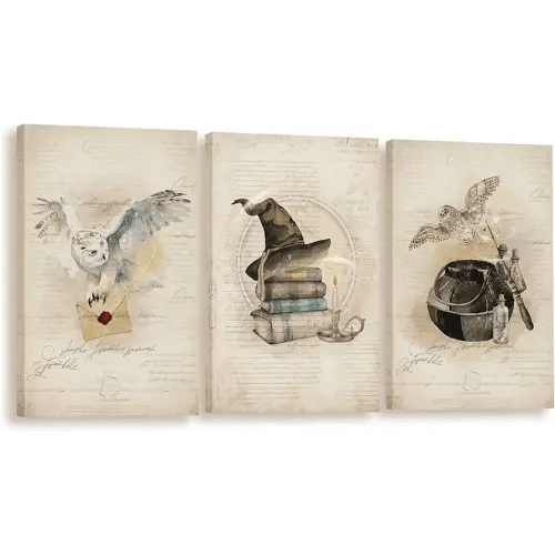 BIWSHA Vintage Retro Magic Wall Art Print,Owl Magic Book Magic Stick Wall Art,Magic Lovers,Magic theme For Girls Woman Room Living Room Home Decor 16x24 Inches Set of 3