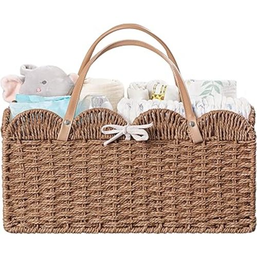 HBlife Baby Diaper Caddy, Paper Rope Storage Baskets Nursery Bin with Removable Divider, Portable Car Organizer for Diapers, Baby Shower Gifts, Newborn Essentials Must Haves