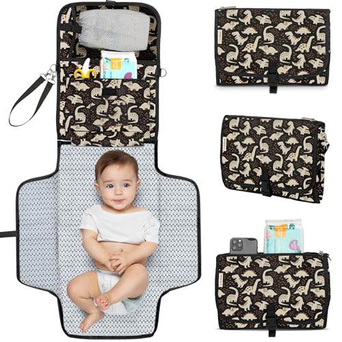 KeaBabies Portable Diaper Changing Pad - Large Waterproof Baby Changing Mat, Compact Travel Diaper Clutch, Functional Pockets Fit Newborn Essentials, Wipeable & Padded Baby Changer (Dino Ridge)