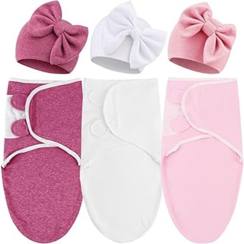 DRESHOW BQUBO 3 Pack Baby Swaddle Sleep Sacks Baby Swaddling Blanket Wrap Newborn Swaddle Sack with Big Bow Hat for Boys Girls 6-12 Lbs Newborns & 0-3 Months Girls Boys