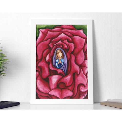 Mystical Rose-Our Lady Blessed Virgin Mary Original Art Print Christian Catholic Decor - Baptism First Communion Confirmation Wedding