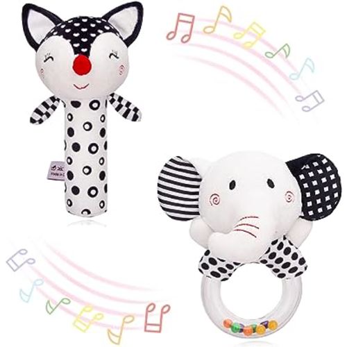 AUYYOSK Baby Soft Rattles Teether Baby Toys,Newborn Elephant & Fox Plush Rings for Infants 0 3 6 Months (Elephant & Fox C)