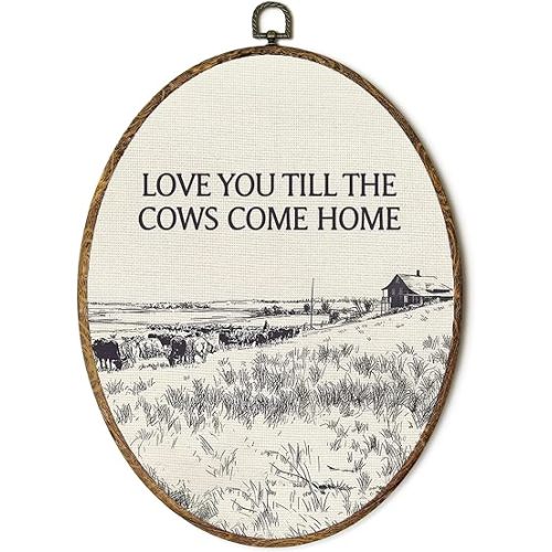 FSTCSV Vintage Western Cow Oval Wall Art Framed, Western Cowboy Cows Canvas Prints Wall Hanging Art, Love You Till The Cows Come Home Oval Walls Decor for Entryway Home Living Room, 8.5x11.5in