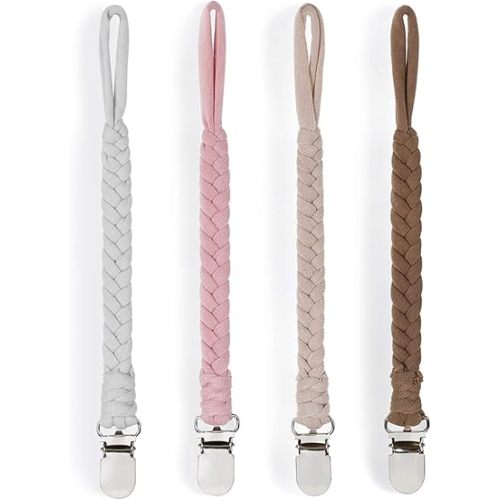 Pacifier Clip Holder for Boy and Girl Universal Handmade Braided Rope Paci Clip Easy to Use 4 Pack (White)