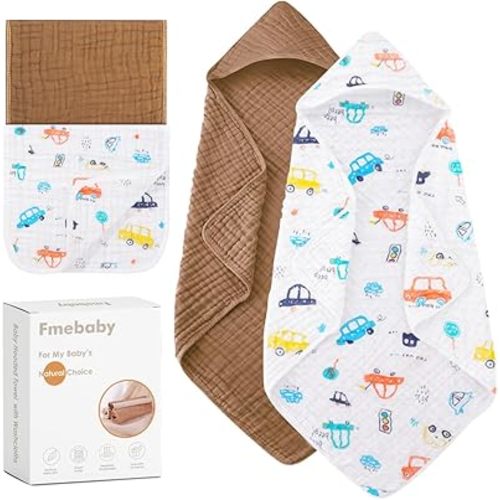 Hooded Baby Towels for Newborn, 2 Pack 36x36Inch Muslin Cotton Baby Bath Towel and 2 Pack 12x12Inch Washcloth Set with Hood for Babies, Toddler and Kids, Essentials Must Haves (Coffee and Car)