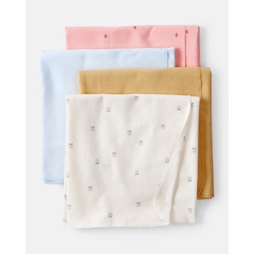 Carter's Baby Unisex Receiving Blankets 4-Pack, Soft Breathable Cotton Swaddle & Stroller Covers Lightweight Nursery Essentials 40” x 30" (Ivory/Yellow/Blue/Pink)