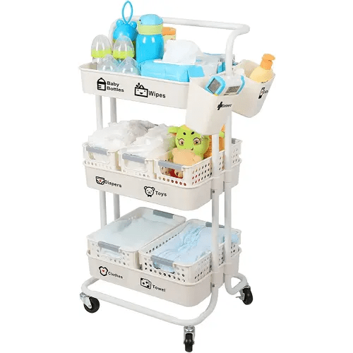Large Baby Diaper Caddy Organizer Cart Movable, 3-Tier Sturdy Newborn Nursery Essentials Storage Cart with Storages Bins, Hanging Cups and Sticker, Large Capacity Mobile Utility Cart, Easy to Assemble