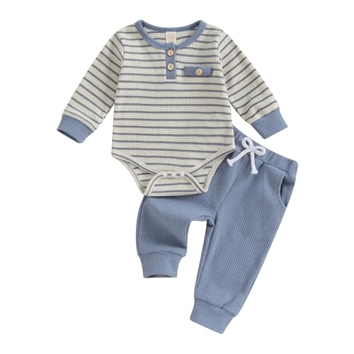 Kuriozud Newborn Baby Boy Clothes Button Long Sleeve Romper Bodysuit Pants Set Infant Soft Waffle Fall Winter Outfit