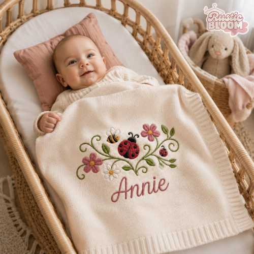 Embroidered Floral Baby Name Blanket, Personalized Welcome Baby Blanket Keepsake, Ladybug Baby Essentials, Baby Shower Gift, Newborn Blanket