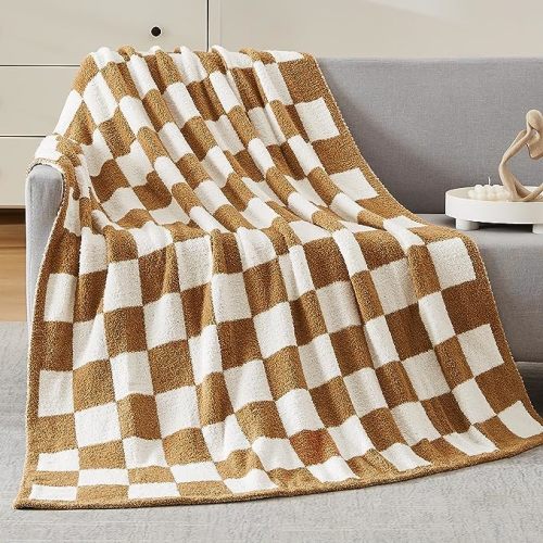 WRENSONGE Checkered Throw Blanket, Burnt Orange Soft Cozy Fluffy Warm Hand Made Throw Blankets for Couch, Sofa, Chair, Bed, Camping, Picnic, Travel Lightweight Bed Blanket - 50"*70"