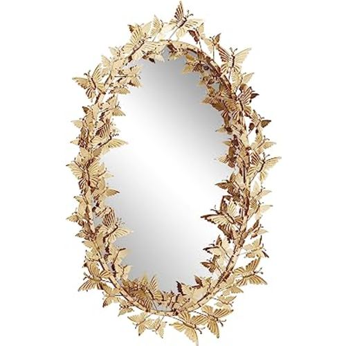 Deco 79 Metal Butterfly Room Wall Mirror Oval 3D Entryway Mirror, Wall Mounted Mirror 19" x 5" x 33", Gold